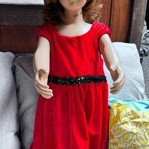 George Velvety Red Dress with Sequined Beltline | Keyholed Back Bodice | 7-8